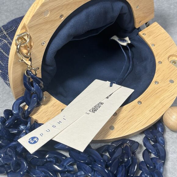 Pushi Blue Tweed Timber Handle Frame Clutch Detachable Strap Magnetic Closure - Picture 10 of 16